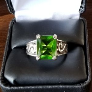 Custom emerald green and silver scroll ring size 8